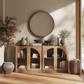 BELLEZE Set of 2 Modern Sideboard Buffet Cabinets (63" Wide) - Large Kitchen Credenza with 4 Arched Glass Doors - Seamless Storage Console Table for Dining Room, Living Room & TV Stand - Camel