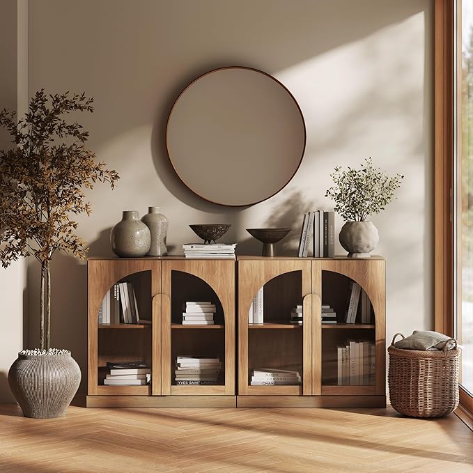 BELLEZE Set of 2 Modern Sideboard Buffet Cabinets (63" Wide) - Large Kitchen Credenza with 4 Arched Glass Doors - Seamless Storage Console Table for Dining Room, Living Room & TV Stand - Camel