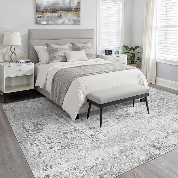 5x7 Area Rug Living Room: Washable Large Neutral Rug Abstract Soft Modern Stain Resistant Indoor Floor Non-Slip Carpet for Bedroom Nursery Kids Office Playroom Dining Room Under Table Home- Light Gray