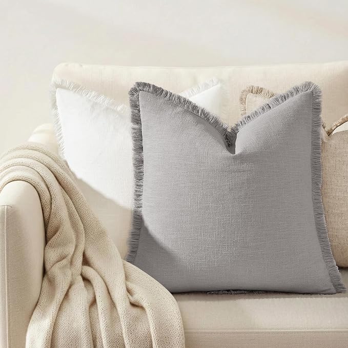 decorUhome Summer Decorative Neutral Linen Fringe Euro Sham Throw Pillow Covers Set of 2 Light Grey Pillow Covers with Tassels Soft Farmhouse Boho Accent Pillow Cases for Couch Bed Sofa 22x22 Inch