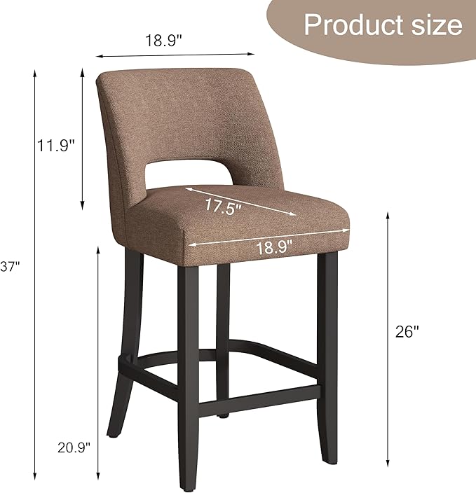 VKNOW Bar Stools Set of 4, 26" Upholstered Counter Height Bar Stools, Modern Counter Stools with Black Legs for Kitchen Island Dining Room Bar, Brown-Black Legs