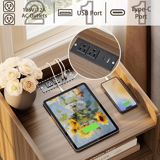 MECHYIN Night Stand Set 2, Nightstands Set of 2 with Charging Station, Rattan Side Tables with Solid Wood Legs, Boho Bedside End Table for Apartment Bedroom Dorm Small Space - Brown