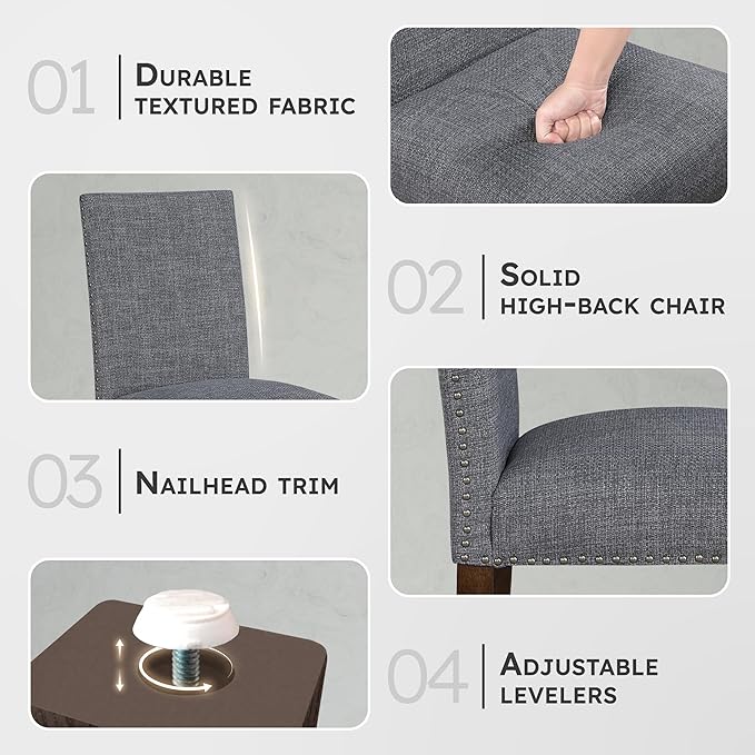 Lexicon Upholstered Dining Chairs Set of 2 - Soft Durable Fabric Armless High Back Kitchen Modern Dining Room Chairs for 2, Nailhead Trim Side, Brushed Brown Sturdy Wooden Frame, Easy Assembly, Gray