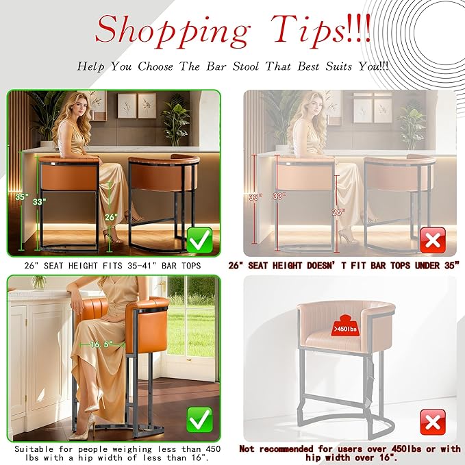 Modern Counter Height Bar Stools,Bar Stools Set of 4,PU Leather Upholstered Barrel Barstools with Backs and Arms,26" Kitchen Island Chairs,Metal Black Frames,Camel Brown Leather