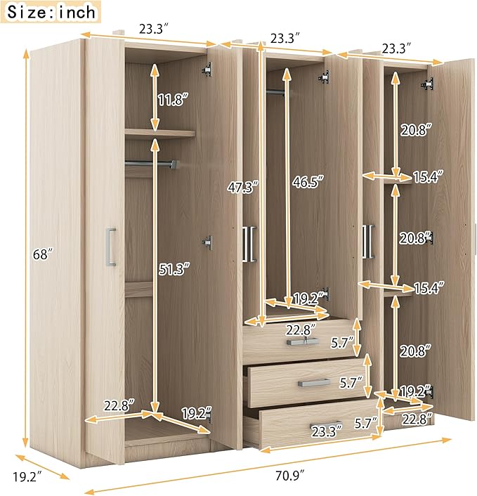 6 Door Armoire Wardrobe Closet with Big 3 Drawers, Wooden Freestanding Bathroom Armoire Cabinet with Shelves and Hanging Rod, Clothes Storage Organizer for Bedroom, Guest Room (Brown)