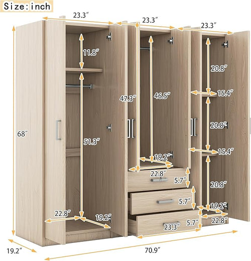 6 Door Armoire Wardrobe Closet with Big 3 Drawers, Wooden Freestanding Bathroom Armoire Cabinet with Shelves and Hanging Rod, Clothes Storage Organizer for Bedroom, Guest Room (Brown)