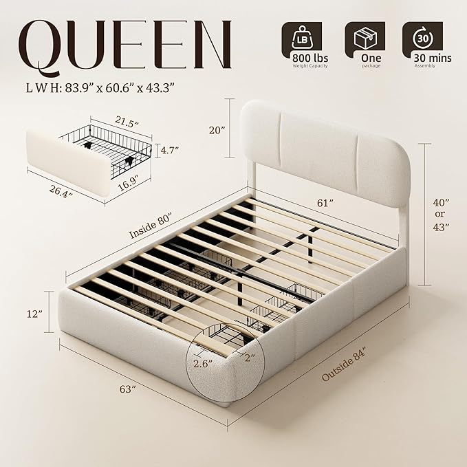 Queen Size Bed Frame with Storage, Boucle Cloud Bed with 4 Locking Drawers & LED Lights, Modern Upholstered Platform Bed, Plush Sides & Footboard, Adjustable Headboard, No Box Spring, Beige