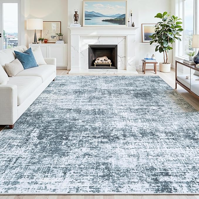 5x7 Area Rugs Washable Rug:Anti-Skid Abstract Modern Living Room Rug Soft Thin Carpets Indoor Floor Non-Shedding Carpet for Bedroom Dining Farmhouse Nursery Home Office(Light Slate Blue/White, 5x7)