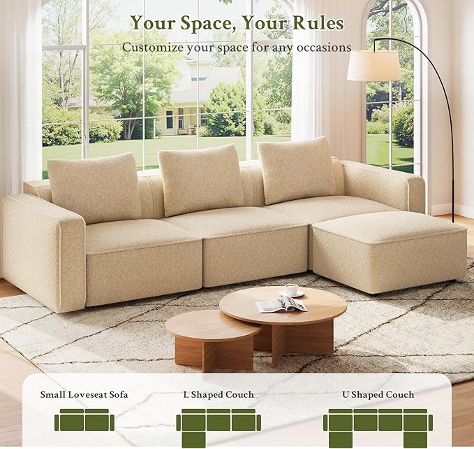 Welzona 103" Modular Sectional Sofa, Minimalist Comfy Cloud Couch Sectional, Tool-Free Setup Couches for Living Room, Wood Frame l Shaped Couch with Ottoman, 22" Deep Seat Chenille Cloud Sofa
