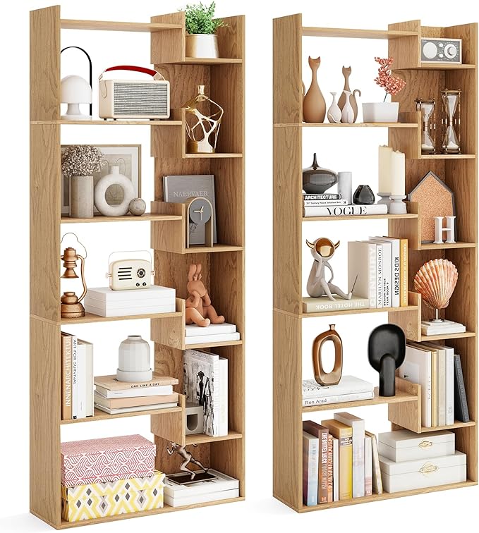Tangkula 6-Tier Bookshelf, 64”H Tall Open Bookcase with Anti-Tip Kits, Home Office Free-Standing Wood Room Divider Display Book Shelf, Modern 11-Shelf Storage Rack for Study, Living Room (2, Natural)