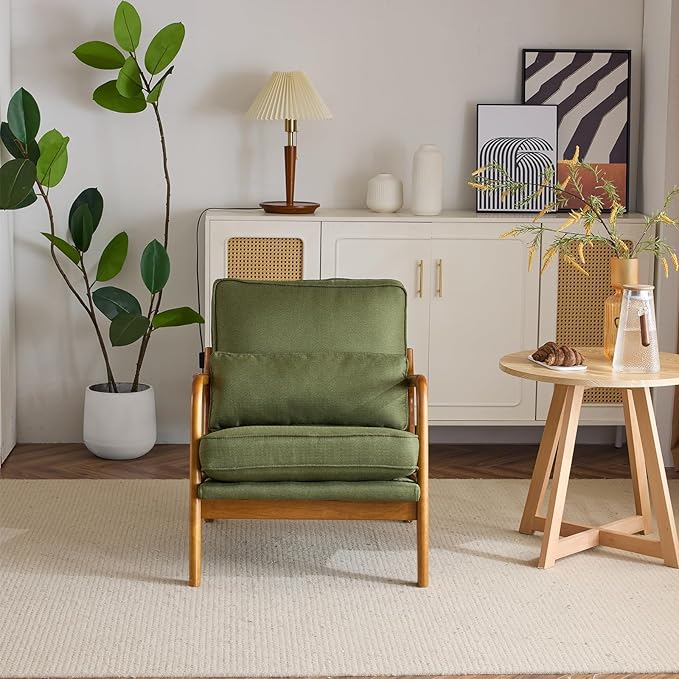 Bonnlo Dark Green Linen Accent Chairs Set of 2,Upholstered Mid Century Modern Lounge Fabric Chairs Reading Chairs Side Sitting Chair Solid Wood Farmhouse Armchairs for Living Room, Bedroom, Guest Room