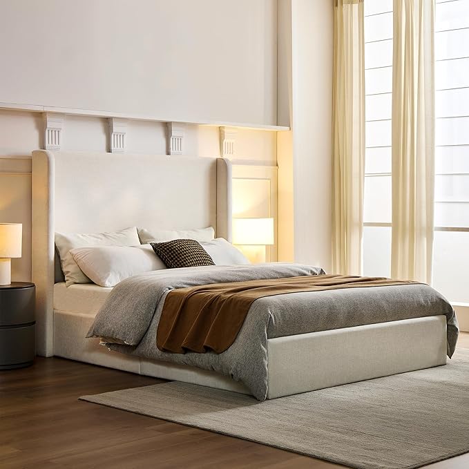 King Size Upholstered Platform Bed Frame, 52.3" High Headboard Carmen Wingback Beds, Tall Headboard King Floor Bed Frames, No Box Spring Needed No Noise, Minimalist, Textured Ivory