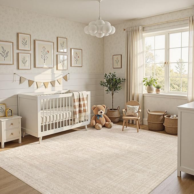 Nakagishi 5x7 Area Rugs Living Room: Washable Large Vintage Beige Rug Neutral Non-Slip Soft Stain Resistant Indoor Carpet for Bedroom Nursery Dining Room Under Table Bed Home House Office Playroom