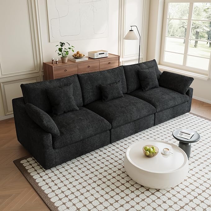 Modular Sectional Sofa Cloud Couch, 119.29" Oversized 3 Seater Sofa with Pillows, Linen Blend Fabric Minimalist Deep Seat Sofa Couches for Living Room, Sofa Covers Washable&Removable, Black