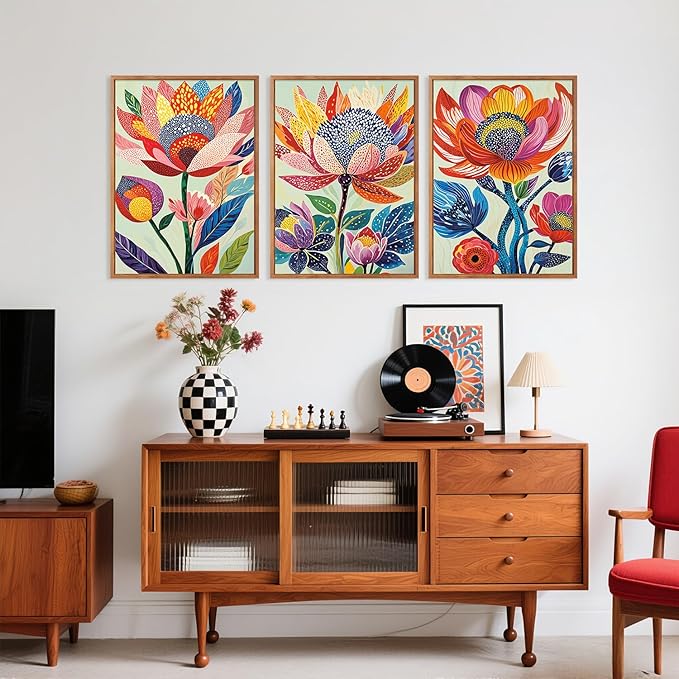 HPINUB Abstract Botanical Floral Framed Canvas Wall Art Set,(Set of 3,12X16 Inch) Colorful Dot Art Modern Flower Wall Decor,Vibrant Blooming Flowers Artwork Boho Art Print for Living Room,Bedroom