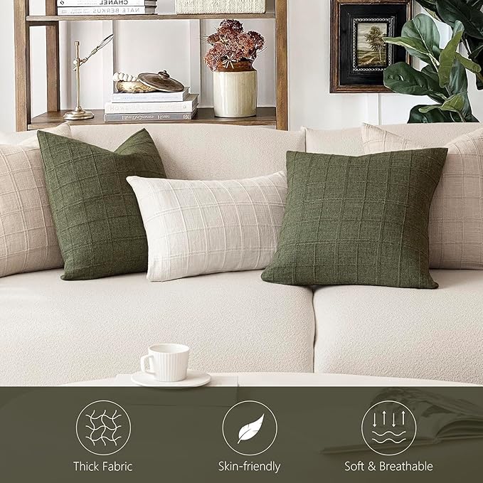 Foindtower Set of 2 Decorative Linen Check Throw Pillow Covers Neutral Farmhouse Vintage Cushion Covers Modern Boho Home Decor for Sofa Chair Couch Bedroom Living Room,18×18 Inch,Olive Green