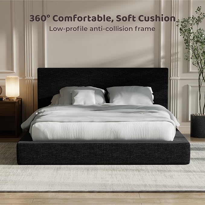 RECCI AirFrame Queen Bed Frame with Headboard, Cloud Upholstered Platform Bed Frame, 5 Inch Foam Cushioned, No Box Spring, Easy Assembly(Onyx Black)