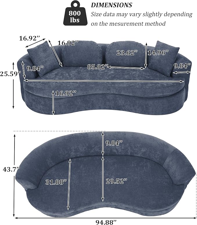 95” Modern Curved Sofa, Chenille Fabric Comfy Cloud Couch, No Assembly Required Half Moon Couch with Deep Seat, 4 Pillows for Living Room, Apartment, Bedroom