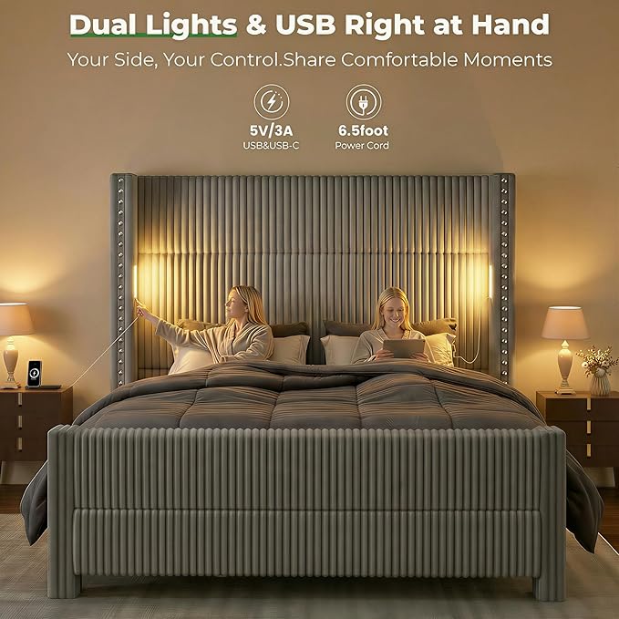 King Bed Frame with 56.7" Tall Headboard & Reading Lights, Corduroy Upholstered Wingback Platform Bed with Charging Station, Modern Retro Design, Noise Free, No Box Spring Required, Grey