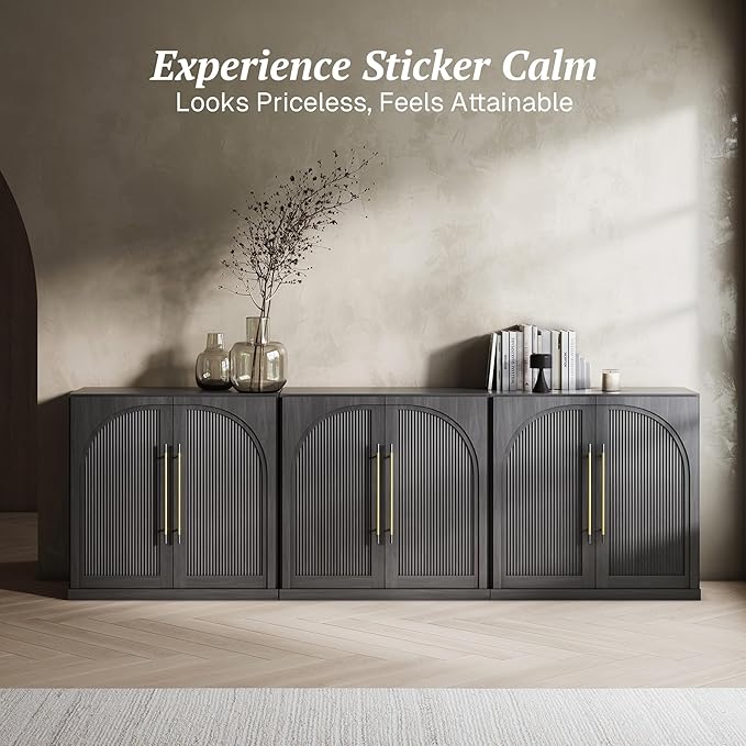 BELLEZE Set of 3 Modular Sideboard with Double-Arc Wood Doors, 97'' Arched Buffet Cabinet with Storage and Adjustable Shelves, Classic Modern Credenza for Dining Room Living Room Entryway (Ebony)