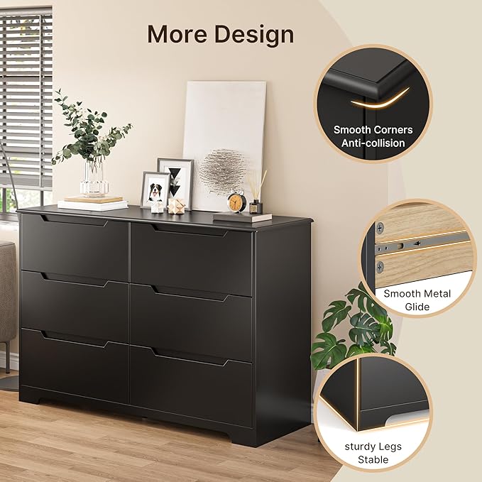 Gizoon 6 Drawer Double Dresser for Bedroom with Anti-Tip Design, Modern Wide Wooden Chest of Drawers with Cut-Out Handles, Closet Storage Organizer and TV Stand for Living Room, Hallway, Entryway