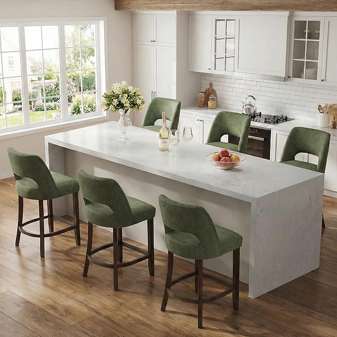 VKNOW 26" Bar Stools Set of 4, Faux Leather Counter Height Bar Stools with Backrest and Rubberwood Legs, Upholstered Barstools for Kitchen Island, Bar and Dining Room, Green