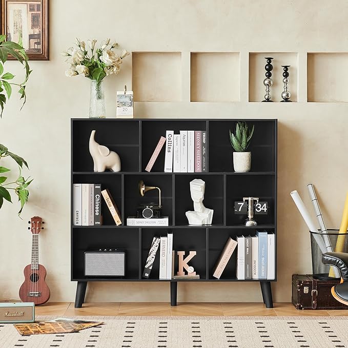 LEYAOYAO 10 Cube Bookshelf,3 Tier Modern Wide Bookcase with Legs,Mid-Century Wood Bookshelves Storage，Black Large Book Case,Freestanding Organizer Display Shelf for Bedroom,Living Room,Office