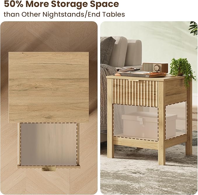 Fluted Night Stand with Golden Handle,Set of 2 Mid-Century Nightstands with Drawer, Bedside Table with Storage Shelf,Large Wood End Tables for Livingroom,Bed Side Tables for Bedroom, Natrual Oak