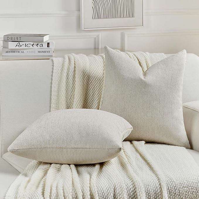 FUTEI Natural Wood Chenille Decorative Throw Pillow Covers 24x24 Inch Set of 2,Soft Cozy Faux Linen Textured European Pillow Shams,Farmhouse Home Decor for Couch Living Room