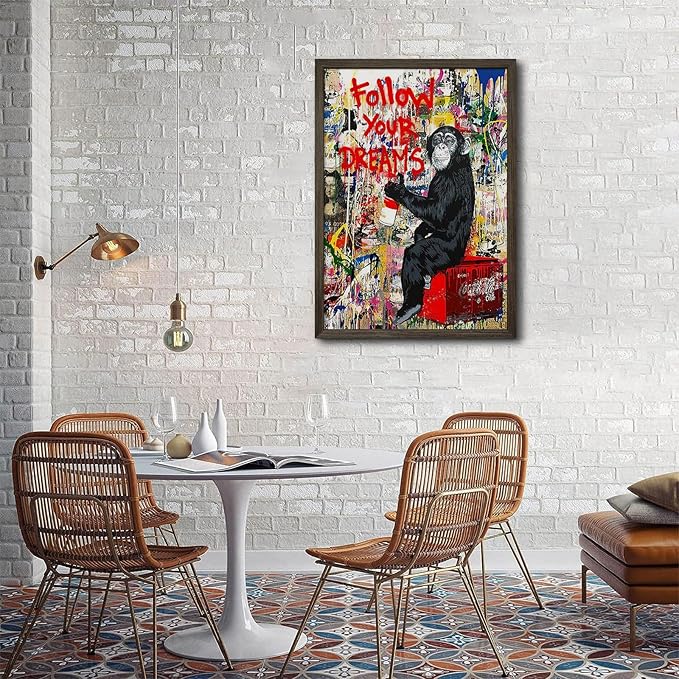 Banksy Canvas Wall Art Monkey Follow Your Dreams Street Graffiti Wall Art Banksy Prints Gorilla Poster Monkey Artwork Graffiti Pictures Painting for Home Living Room Decor 16x24 Inch Wood Framed
