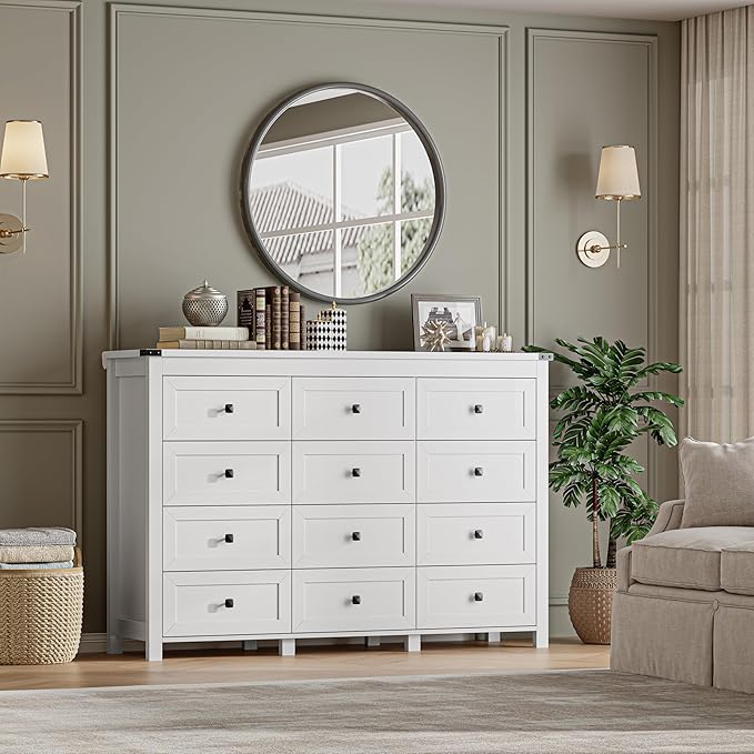 BORNOON 12-Drawer Dresser, Modern Wooden Storage Chest of Drawers, Dresser TV Stand, Wood Drawer Organizer with Metal Handles for Bedroom, Living Room, Hallway