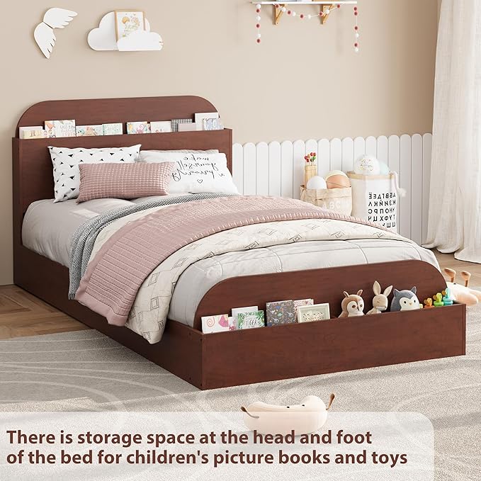 GarveeHome Twin Size Bed Frame, Wooden Beds with Storage Headboard and Raised-Foodboard for Kid, Twin-Floor Low Platform Bed for Bedroom, Sturdy Wooden Slats Support, No Box Spring Needed, Espresso