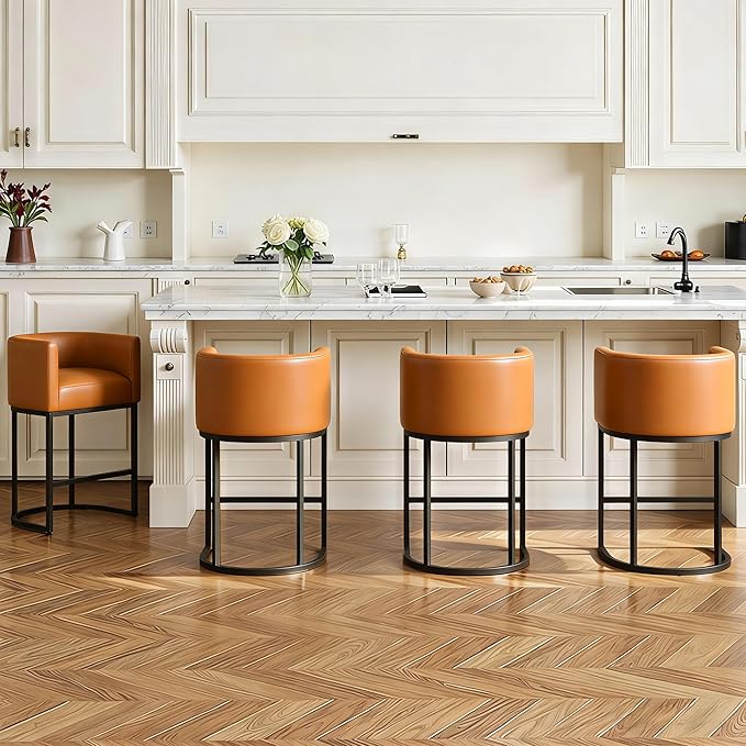 Modern Counter Height Bar Stools,Bar Stools Set of 1,PU Leather Upholstered Barrel Barstools with Backs,24'' Kitchen Island Chairs,Metal Black Frames,Camel Brown Leather