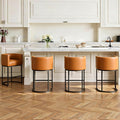 Modern Counter Height Bar Stools,Bar Stools Set of 4,PU Leather Upholstered Barrel Barstools with Backs,26'' Kitchen Island Chairs,Metal Black Frames,Camel Brown Leather