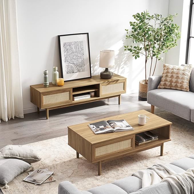 mopio Haylee TV Stand, Modern Farmhouse Television Stand for 55/60/65 inch TV, Natural Rattan Boho Entertainment Center with Storage, Media Console Credenza Table for Living Room, Bedroom (Oak 59")