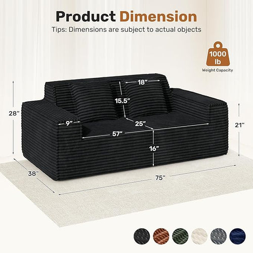 75'' Modern Cloud Loveseat Sofa Set of 2, No Assembly Required Comfy Deep Seat Couches 2 pcs for Living Room, Bedroom, Apartment (Corduroy-Black)