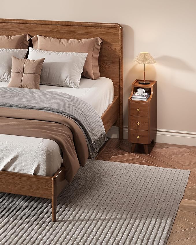 Narrow Nightstand with Drawers, 7.9" Solid Wood Nightstand with Open Shelf & Cable Hole, Modern Night Stand Slim Bedside Table for Small Spaces, Bedroom, Living Room, Study