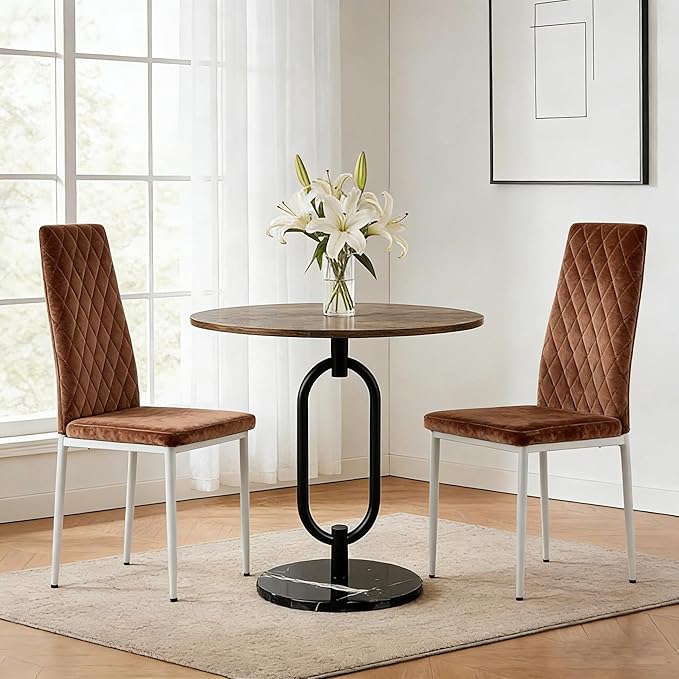 Dining Chairs Set of 2, Velvet Comfortable Seats, Mid-Century Modern Living Room Chairs, Upholstered Kitchen Chairs with Mental Legs and Padded Seat for Bedroom Office Easy Assembly, Brown