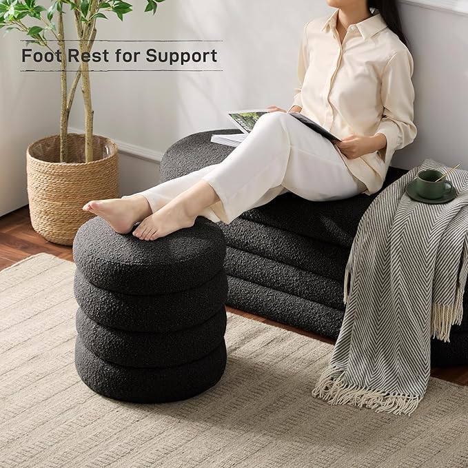 Krcix Round Ottoman with Storage Boucle Ottoman Stool with Storage Removable Lid for Living Room Modern Vanity Sorage Stool Foot Rest Bedroom Dorm Gifts Set of 2 (Black)