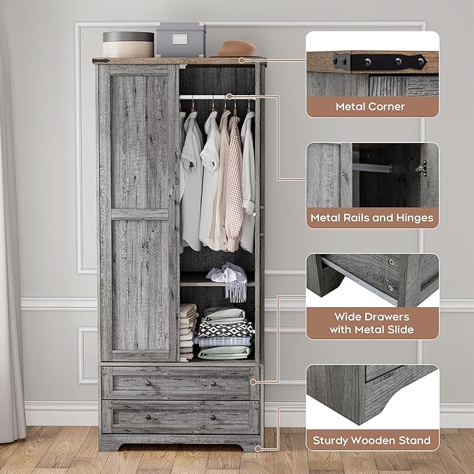 Brafab Armoire Wardrobe Closet with 2 Modern Doors Set of 2, 71" Tall Freestanding Closet Wardrobe Cabinet with Drawers and Hanging Rail, Light Wooden Storage Cabinet with Shelve for Bedroom, Grey