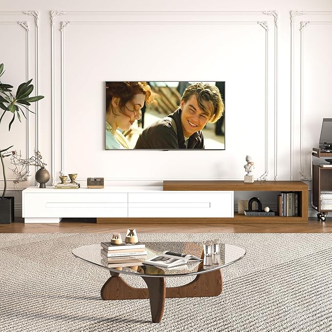 Extendable TV Stand with 2 Drawers, 80"-115" Modern Wood TV Console for Up to 120 Inch TV, Long Reversible Entertainment Center with Storage for Living Room Bedroom, White& Walnut