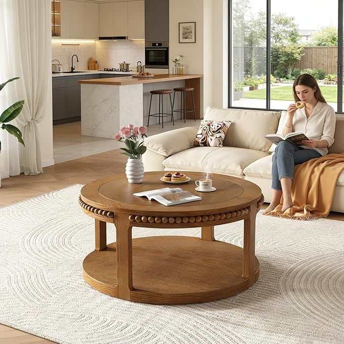 31.5" Round Wood Coffee Table, 2 Tier Modern Center Table,Solid Wood+MDF, Easy Assembly, Accent Table for Living Room, Apartment, Small Space. (Walnut)