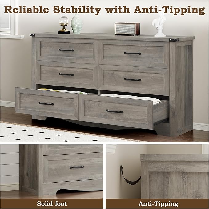 BORNOON 6-Drawer Dresser for Bedroom, Modern Wooden Chest of Drawers with Metal Handles, Anti-Tipping Design, Sturdy and Stable Storage Organizer for Living Room, Entryway, Home Office