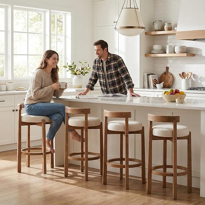 LukeAlon Mid Century Linen Bar Stools Set of 4, 30.25" Seat Height Upholstered Barstools with Wood Legs Modern Tall Bar Chair with Curved Low Back Round Footrest for Pub Home Kitchen Island, Beige