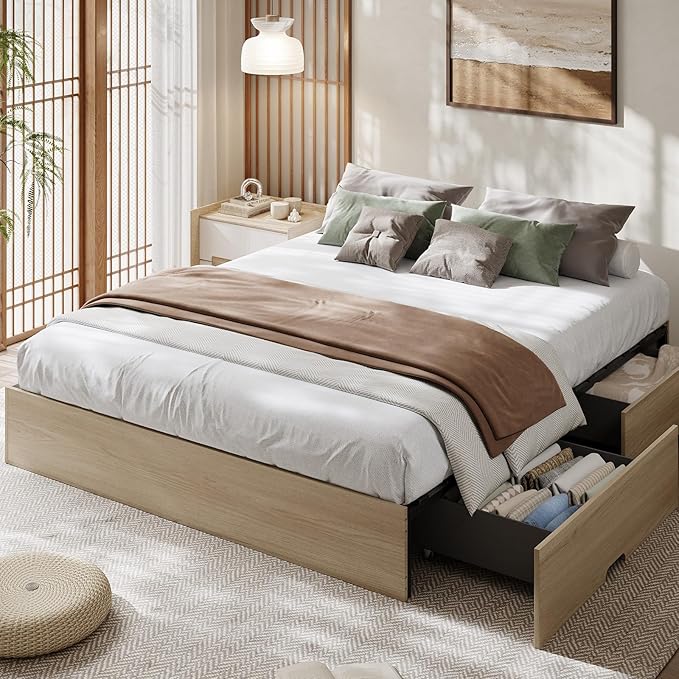 GarveeHome California King Wood Platform Bed Frame with 2 Storage Drawers, Wooden Bed Frame Without Headboard, Wood Slat Support, No Box Spring Needed, Easy Assembly