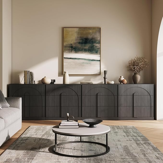 BELLEZE 4-Piece Modular TV Stand Set - Modern Entertainment Center with Wide Wooden Handle,Sideboards with Drawers, Classic Media Console Table Cabinet for Living Room (Ebony)