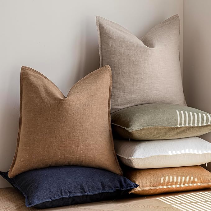 Foindtower Pack of 2, Decorative Linen Soild Throw Pillow Covers Soft Accent Cushion Case Boho Farmhouse Pillowcase for Chair Couch Sofa Bedroom Living Room Home Decor 24 x 24 Inch Light Khaki Brown