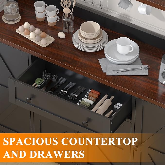 VVFLU Hutch Storage Buffet Cabinet with Drawers, and Charging Station, Coffee Bar Cabinet with Barn Doors, Wine Rack and Hooks, White Wood Sideboard Buffet for Kitchen, Dining Room, 47.8" High