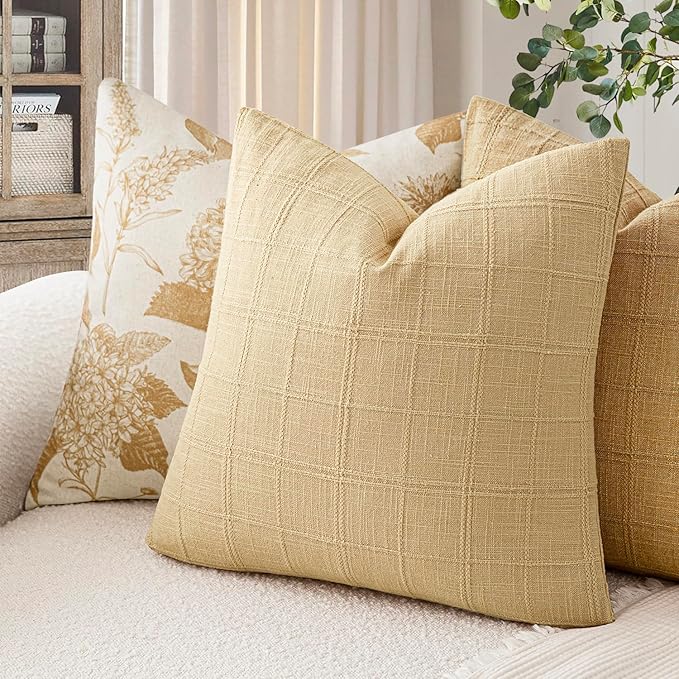 Foindtower Set of 2 Decorative Linen Check Throw Pillow Covers Neutral Farmhouse Vintage Cushion Covers Modern Coastal Boho Home Decor for Sofa Chair Couch Bedroom Living Room,26×26 Inch,Light Yellow