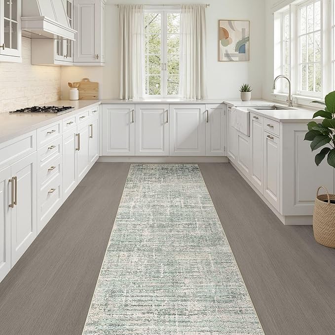 Runner Rug Non-Slip Kitchen Rug: 2x6 Washable Abstract Modern Soft Stain Resistant Indoor Floor Neutral Accent Throw Carpet for Hallway Bathroom Laundry Room Bedroom Entryway- Green
